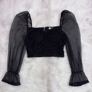 Black Ruffled Crop Blouse with 3/4 Sleeves